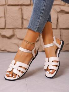 New Elegant Solid Color Korean Style Sandals, Fashionable Flat Vacation Beach Sandals, Beige Strap Sandals For Women - Beige - View 2
