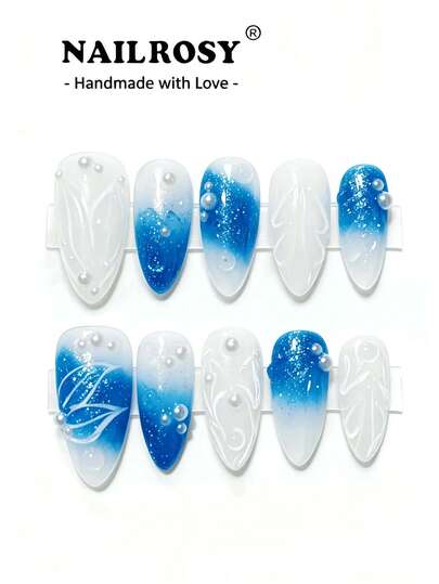 nailrosy 10 Móng Tay Giả Acrylic Thủ Công Nhiều Màu Trong Suốt Hình Hạnh Nhân Ngắn 3D Hoa Văn Phụ Kiện Làm Móng Giả Dụng Cụ Làm Móng Cho Đám Cưới Sinh Nhật Phong Cách Y2K Móng Tay Kiểu Pháp Dễ Thương