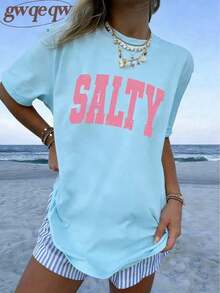 Women's If Crabby Please Return To The Beach Salty Graphic T-Shirt Double-Sided Print Oversized Casual Summer Tops Vacation Outfits Casual - 淺藍色 - 查看 2