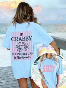 Women's If Crabby Please Return To The Beach Salty Graphic T-Shirt Double-Sided Print Oversized Casual Summer Tops Vacation Outfits Casual - 淺藍色 - 查看 6