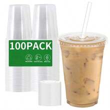TUMATICLY 300PCS Plastic Cup Coffee Cup Set, 16 Ounce/480ml (100PC Cups+100PC Lids+100PC Straws), With Straw And Lid, Transparent Coffee Cup, Suitable For Party Gathering, Wedding, Birthday, Commercial Use Cup - Transparent - View 2