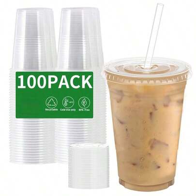 TUMATICLY 300PCS Plastic Cup Coffee Cup Set, 16 Ounce/480ml (100PC Cups+100PC Lids+100PC Straws), With Straw And Lid, Transparent Coffee Cup, Suitable For Party Gathering, Wedding, Birthday, Commercial Use Cup