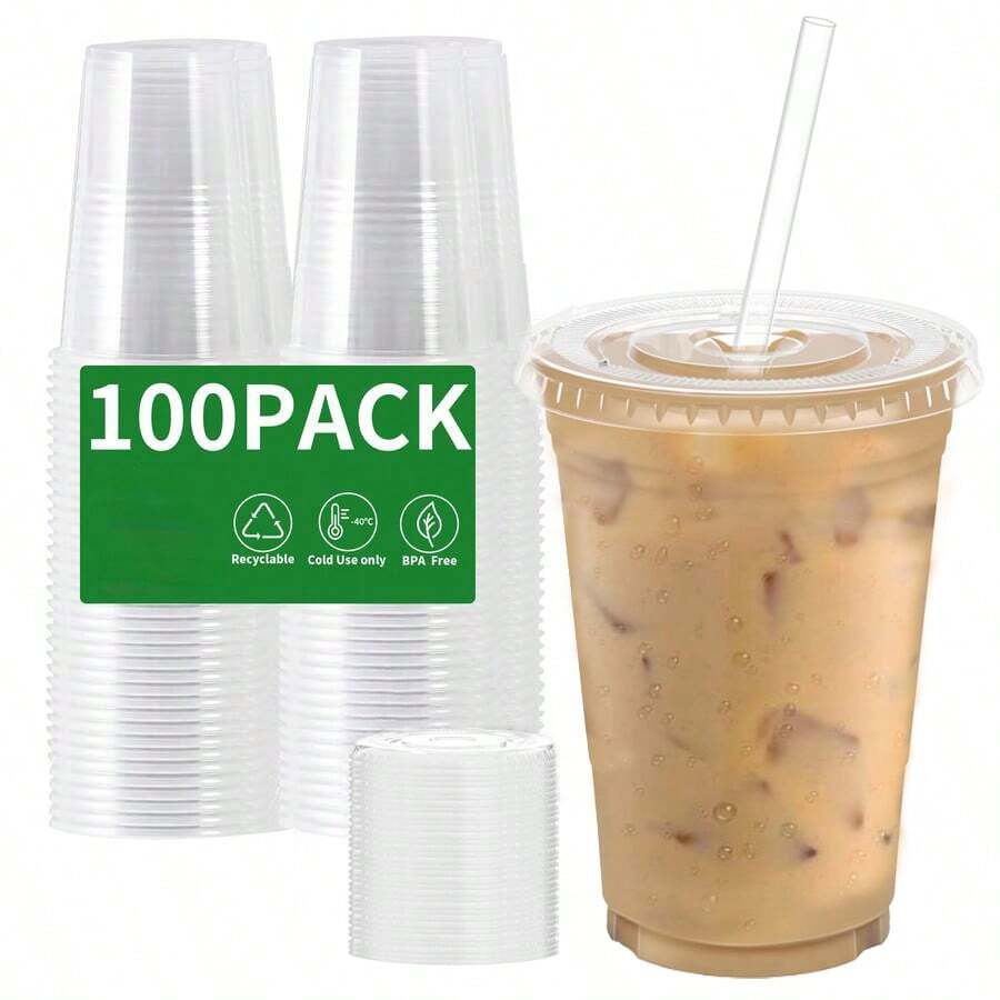 TUMATICLY 300PCS Plastic Cup Coffee Cup Set, 16 Ounce/480ml (100PC Cups+100PC Lids+100PC Straws), With Straw And Lid, Transparent Coffee Cup, Suitable For Party Gathering, Wedding, Birthday, Commercial Use Cup