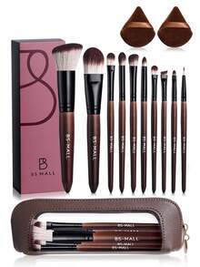BS-MALL 13件套高品质化妆刷套装，带刷架，包含粉底刷、眼影刷、腮红刷、高光刷、细节刷、三角海绵——送给女性/女友的绝佳礼物 - 紅木色 - 查看 11