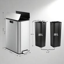 HEXCELEN Kitchen Trash Can, 2x28L Narrow Double-Chamber Design, With Foot Pedal, Waste Sorting System, Removable Inner Bin, Includes 15 Dedicated Trash Bags. - Silver - View 6