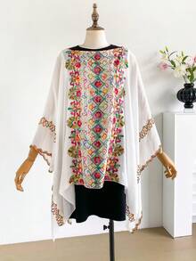一件优雅花卉刺绣和服/纱笼披肩，波西米亚风格，轻盈披肩，适合春夏海滩，防晒，时尚配饰，多功能奢华礼品，旅行必备 - 白色 - 查看 3