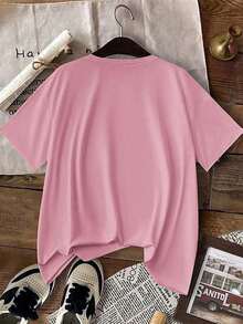 Camiseta holgada de manga corta con estampado de lazo y hombros anchos, de estilo casual para el verano - Rosa - Ver 5