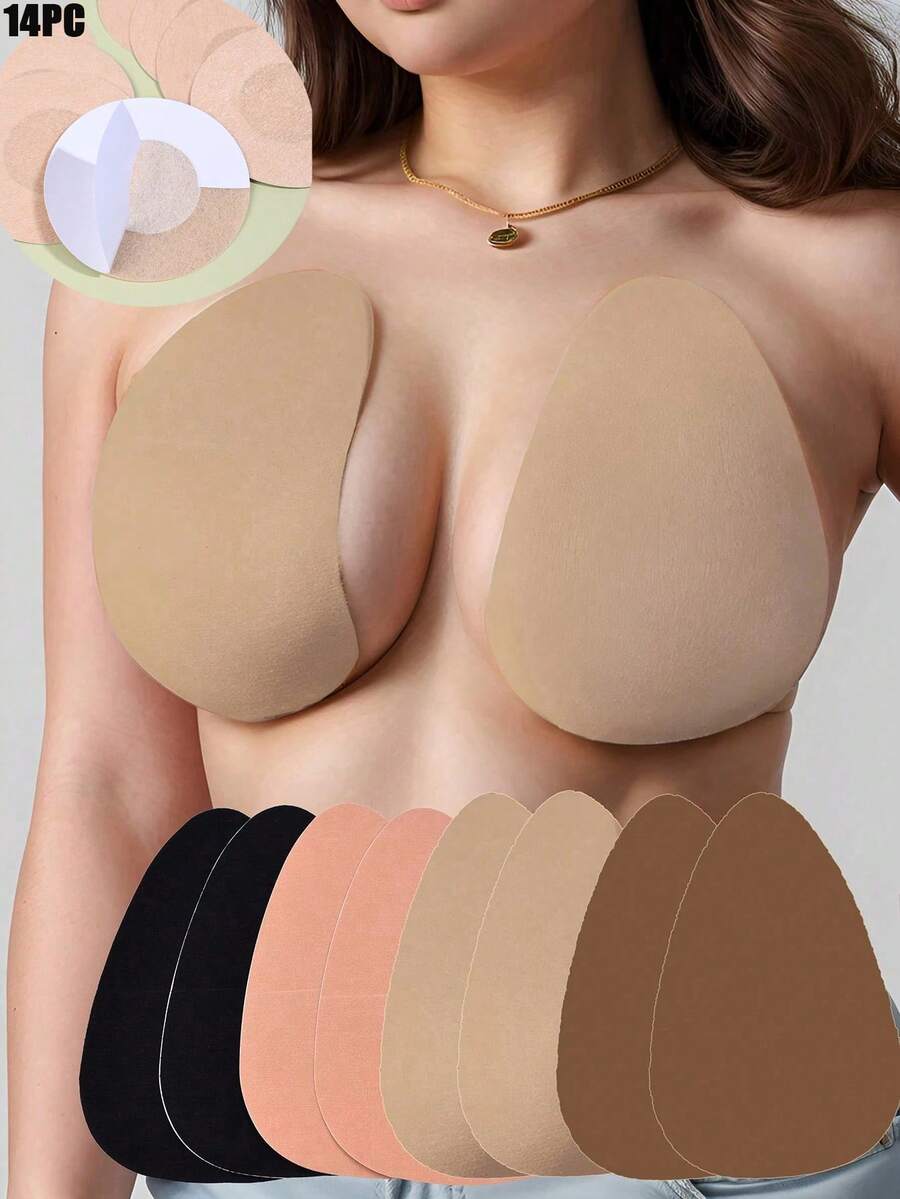 Bộ 14 miếng băng nâng ngực, miếng dán nâng ngực vô hình có thể tái sử dụng + miếng che đầu núm vú dùng một lần, băng dính định hình ngực cho váy hở lưng, đồ bơi - Nhiều màu - Xem 1