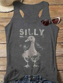 Women's Silly Duck Retro Graphic Racerback Tank Top, 180G Vest Casual Summer Top, Duck Lover Tees, Vacation Outfits Women, Summer Clothes For Women - 深灰色5 - 查看 1