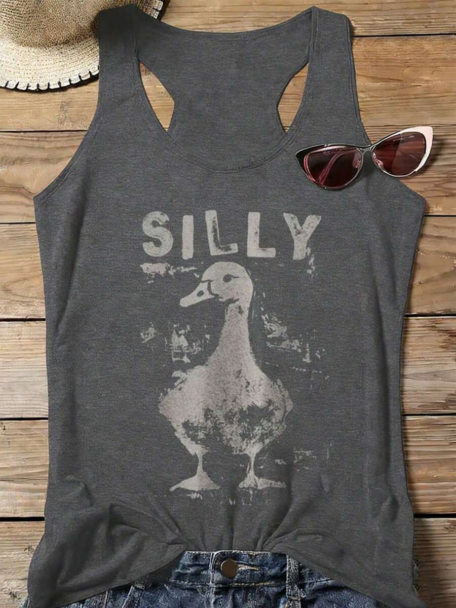 Women's Silly Duck Retro Graphic Racerback Tank Top, 180G Vest Casual Summer Top, Duck Lover Tees, Vacation Outfits Women, Summer Clothes For Women - 深灰色5 - 查看 1