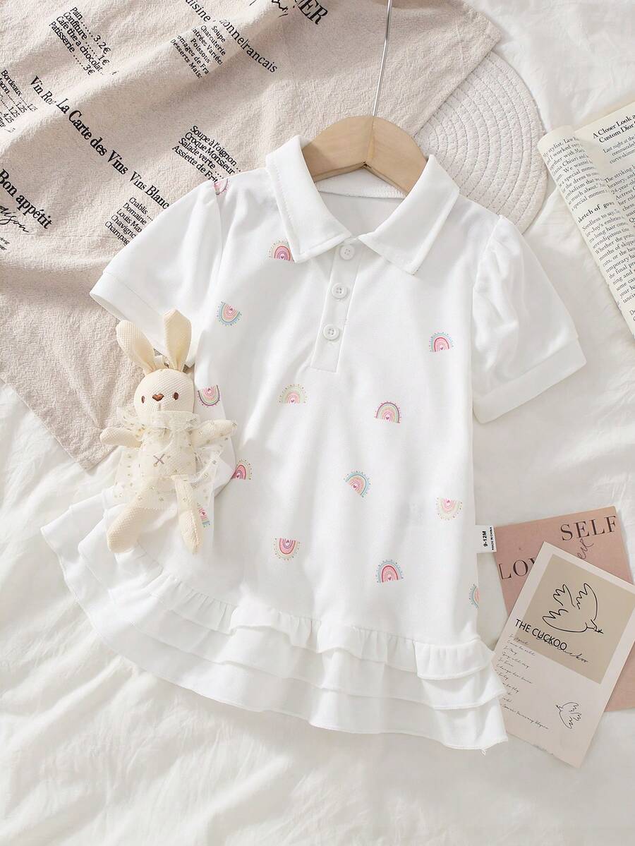 Baby Girl Polo Collar Rainbow Print Summer Breathable Sweet Ruffle Princess Dress - White - View 1