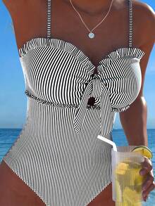 New Fashionable Sexy Elegant Striped Lace Ruffle Bust Bow Detachable Strap One-Piece Swimsuit For Beach, Pool Party, Vacation Black Summer - Black - View 3