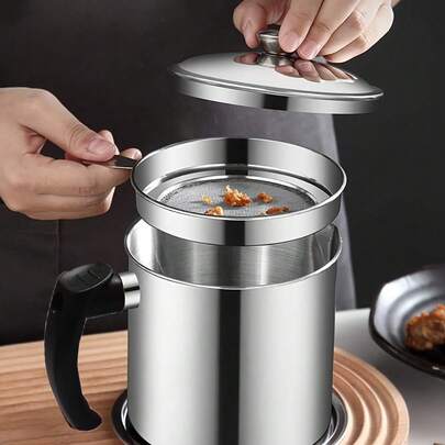 Stainless Steel Kitchen Grease Collector Canister With Filter - Easy Tilt Handle, Suitable For Storing Cooking Oil And Grease, Essential Kitchen Accessory, Kitchen Grease Pot