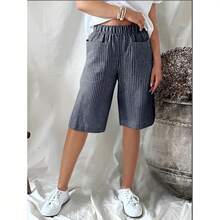 Women's Casual Shorts, Retro Summer Style, Jacquard Woven, Striped And Patchwork - Navy Blue - View 12