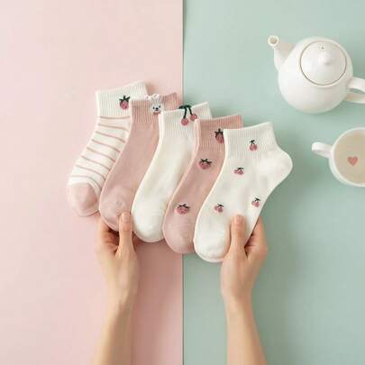 5双粉色泡泡嘴樱桃图案休闲女式短袜，舒适ins风甜美少女学生户外百搭袜