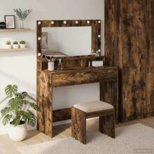 vidaXL Dressing Table With Shelf, Smoked Oak, 50 X 41 X 135 Cm, Engineered Wood, Modern Dressing Table, Rectangular Storage Space, Minimalist Design With Lights, Durable Engineered Wood - 燻黑橡木 - 查看 7