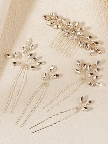 5PCS/SET Silver Rhinestone Bridal Hair Comb & Pins Set, Crystal Leaf Wedding Hair Accessories,Bridal Silver Rhinestone Hair Accessories Set, 1 Hair Comb And 4 U-Shaped Hair Pins,Festival,Birthday - Silver - View 8