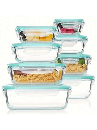 Conjunto de 8 recipientes de vidro herméticos para armazenamento de alimentos com tampas à prova de vazamentos - próprios para micro-ondas, forno, freezer e lava-louças, ideais para preparação de refeições e uso multiuso na cozinha, design retangular, estrutura resistente, recipientes para armazenamento de alimentos.