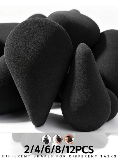 Set de esponjas de maquillaje de polígono negro, grande y pequeño, de uso en seco y húmedo sin látex, suave borla de maquillaje para base, polvo y corrector, 2/4/6/8/12 piezas