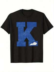 Women's Soft Summer Sets, Kentucky State Line And Letter K Print T-Shirt In Black, White, And Blue, 35% Cotton, Stretchy And Comfortable Fit, Lightweight T-Shirt - 黑色 - 查看 2