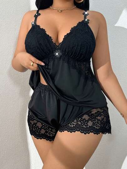SOFUSEN Plus Size Lace Camisole Pajama Set, Sexy Shorts, Casual Ditsy Floral Sleepwear, Fitted Regular Length, All Season