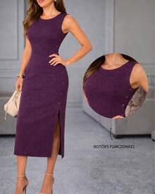 Classic Long Black Dress With A Round Neck, Pockets, And An Elegant Slit Design. - 紅木色 - 查看 1