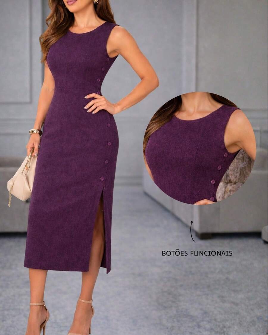 Classic Long Black Dress With A Round Neck, Pockets, And An Elegant Slit Design. - 紅木色 - 查看 1