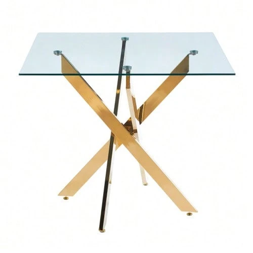 Dining Table With Crossed Metal Legs And Tempered Glass, Modern Space-Saving Kitchen Table For Living Room,  Legs, Square Table, Gold Legs, 80x80x75cm - Gold - View 1