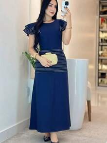 Women's Midi Dress With Short Sleeves And Ruffles. Autumn/Winter. - Azul - Ver 1