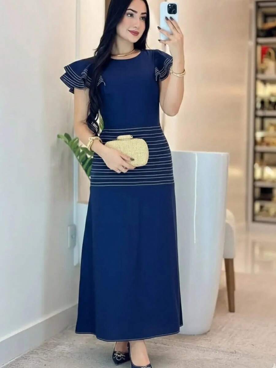 Women's Midi Dress With Short Sleeves And Ruffles. Autumn/Winter. - Azul - Ver 1
