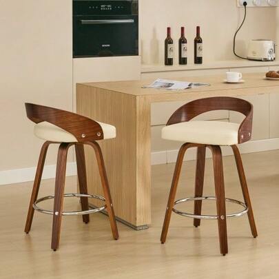 Bar Stools Set Of 2, Swivel Bar Height Stools With Low Back, Wood Bar Chairs With Soft Cushion Seat, 63CM Seat Height (Beige 63CM Counter Height) ,DE1854BG