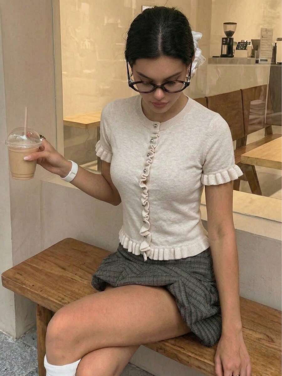 新款春夏女士简约优雅纯色针织衫，优雅短袖针织上衣，适合约会和日常穿着，休闲纯色圆领针织开衫 - 杏色 - 查看 1
