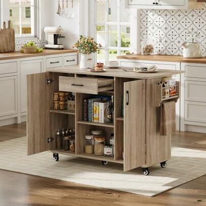 Kitchen Island, Kitchen Trolley With Folding Worktop, 120cm Mobile Kitchen Island On Wheels, Rolling Serving Trolley With Drawer & Cabinet, Sonoma Oak, 92.9x120x43.5cm