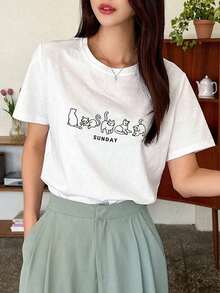 Camiseta con Gráficos de Dibujos Animados y Letras , Estilo Preppy - Blanco - Ver 8