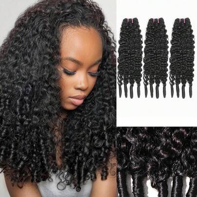 MEGALOOK 3束缅甸卷发，100%未经加工的巴西原生发，12A级真人发，长度14-26英寸，发尾带手指卷，自然黑色，柔软丰盈，适合女性，可作礼物、发饰、派对、日常使用、学校、生日宴会及其他场合。