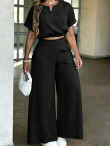 Women's Casual Everyday Commute Minimalist Solid Color Notched Neck Cropped Top And Wide Leg Pants Set, Spring/Summer/Autumn Black Elegant - Black - View 4