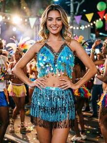 Carnival 2 Pieces Outfit Set - Sequin Fringe Coin Embellished Bra Top & Hip Wrap For Festival, Rave & Parade Wear (Available In Multiple Colors) - Multicolor - View 20