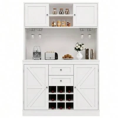 Kitchen Cabinet With Adjustable Shelves And Wine Rack, Tall Kitchen Sideboard With 4 Doors And 2 Drawers, Sideboard For Kitchen And Living Room, Buffet Cabinet, Black