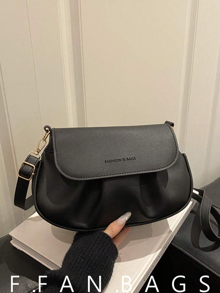 2026 Nueva llegada Bolso bandolera pequeño de nicho para mujer, bolso minimalista y elegante con diseño de solapa plisada en forma de nube, primavera/verano - Negro - Ver 1