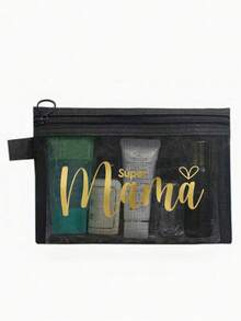 母亲节礼物网眼化妆包，金色字母“Súper Mama”网眼化妆包，创意“Mama”心形印花图案，透明拉链化妆包 - 彩色 - 查看 18