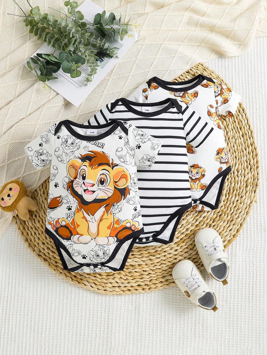 3pcs Striped Cute Lion Infant Newborn Romper Jumpsuit - White - View 1