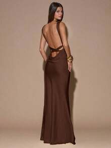 Vestido de tirantes con escote en V profundo y espalda descubierta, de unicolor amarillo/crema, estilo minimalista y sexy, adecuado para fiestas, eventos de cóctel, ocasiones formales, vestidos de dama de honor, vestidos de cumpleaños, vestido de satén amarillo, Navidad, banquetes, casual de negocios - Café integral - Ver 8