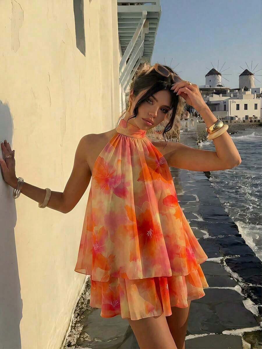 Elegant Women's Mini Dress With Halter Neck And Bow In Light Yellow - Multicolor 3 - View 1