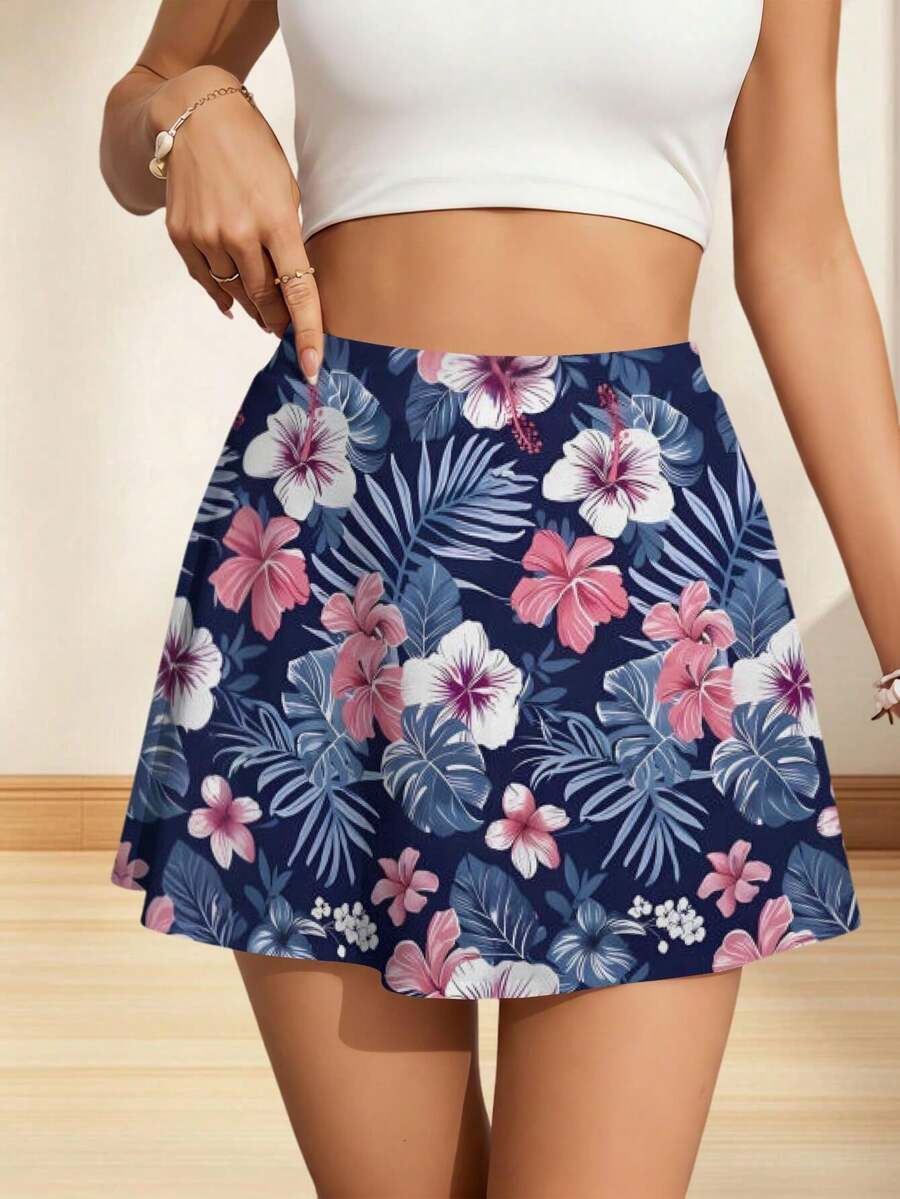 Vibrant Eye-Catching Hibiscus Palm Leaf Print Summer Mini Skirt Tropical Vibes Breathable Quick-Dry Activewear Sport Short Skirt For Womens Gym Leisure Sports Beach Vacation - Nhiều màu - Xem 1
