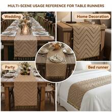 1pc Bohemian Decorative Table Runner, Featuring 3D Wavy Texture Design, Suitable For Wedding, Party, Dining Table And Living Room, Khaki Color With Handmade Tassel Decor - Khaki - View 11