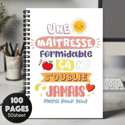 1 pièce Cahier à spirale de professeur de français - Soleil vibrant, cœurs et étoiles, 100 pages, cadeau d'appréciation idéal pour les enseignants femmes et hommes, parfait pour un départ ou une remise de diplôme. Design ludique, journal en papier, cadeaux d'appréciation des enseignants