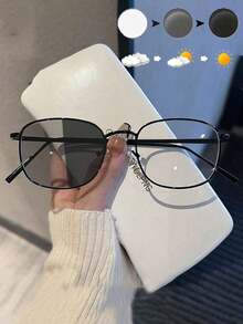 1 Pair Y2K Style Square Frame Photochromic Glasses, Unisex, Transparent Lens Computer Glasses, Fashionable Women's Accessory, Comes With Glasses Case And Cleaning Cloth2026 - 銀色 - 查看 1
