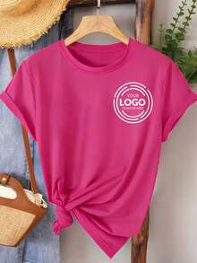 Customized Women's T-Shirt Round Neck Rose Red, Personalized Logo Photo Print Work Team Uniform, Design Your Own Business Shirt Summer - Hot Pink - View 3
