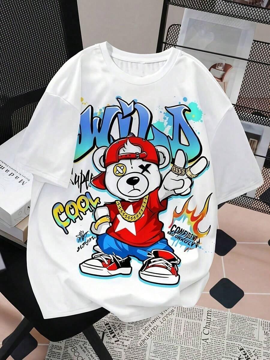 1 Pcs Men's Casual Pattern T-Shirt-Loose Design Summer Short Sleeve, Graffiti Bear And "Wild" Print, Soft And Breathable Fabric Suitable For Outdoor, Business Travel And Daily Wear, Fashion Street Style, Machine Washable Top 180G 100% Cotton - trắng - Xem 1