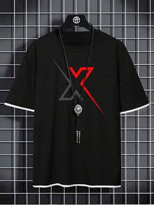 Simple Studio | Nova Chegada Camiseta Casual Masculina com Estampa de Letra de Manga Curta | Adequada para o Verão | Confortável e Respirável | Estilo - Preto - Visão 3